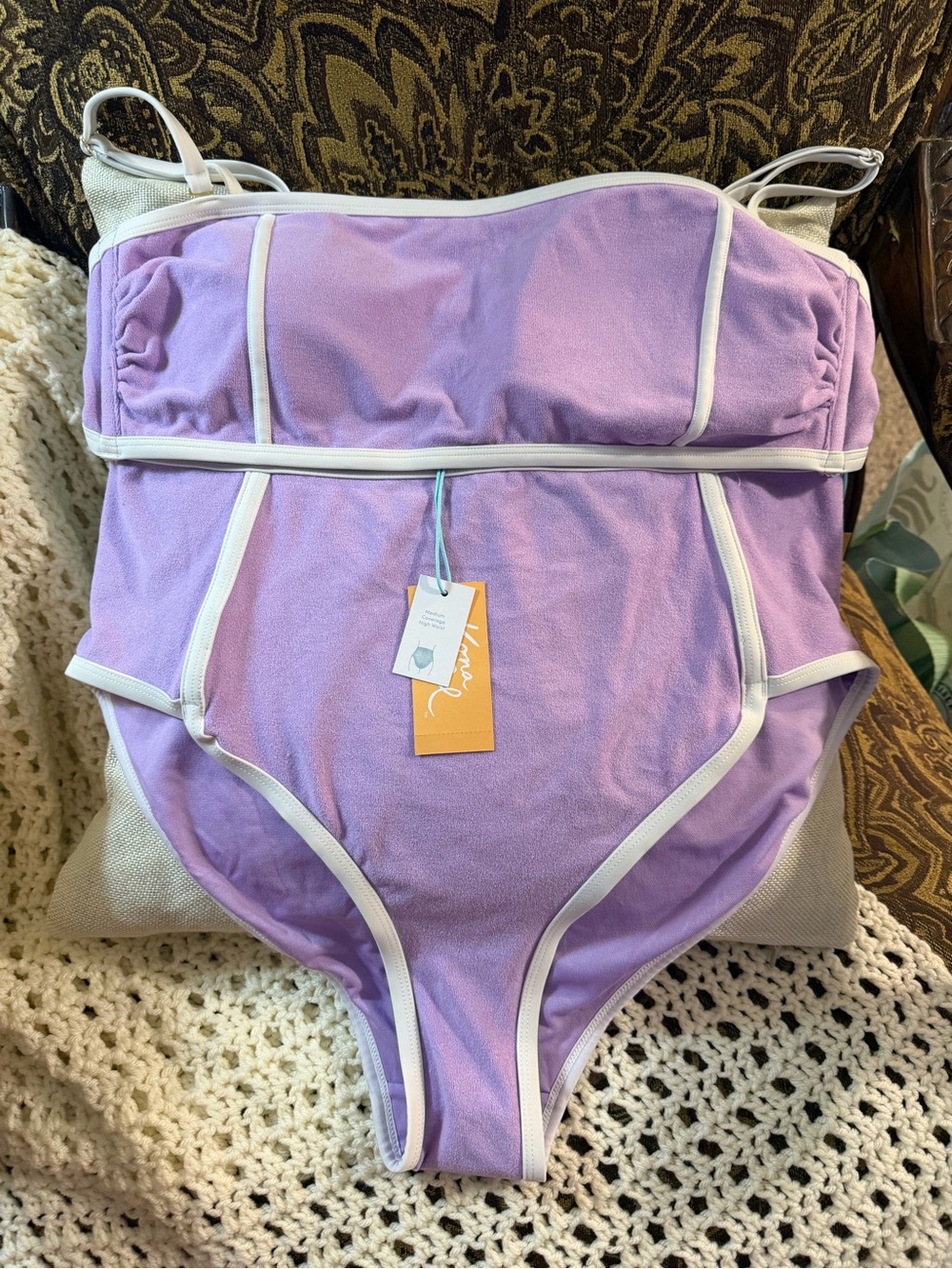 Women’s Lilac High-Waist One-Piece Swimsuit with White Trim